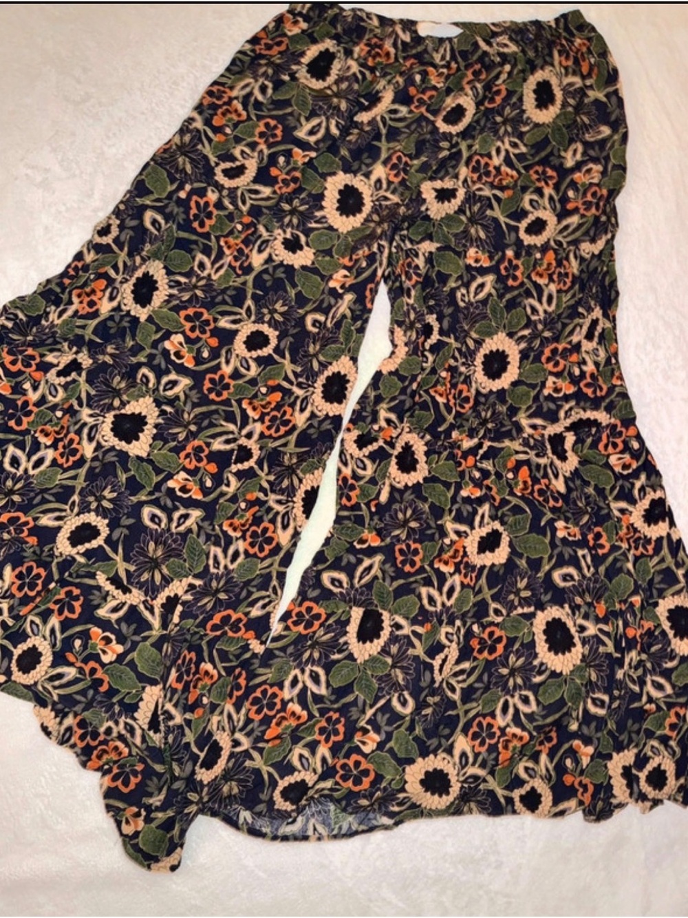 NATURAL LIFE Black Floral Wide-Leg Pants with Tan & Green Accents